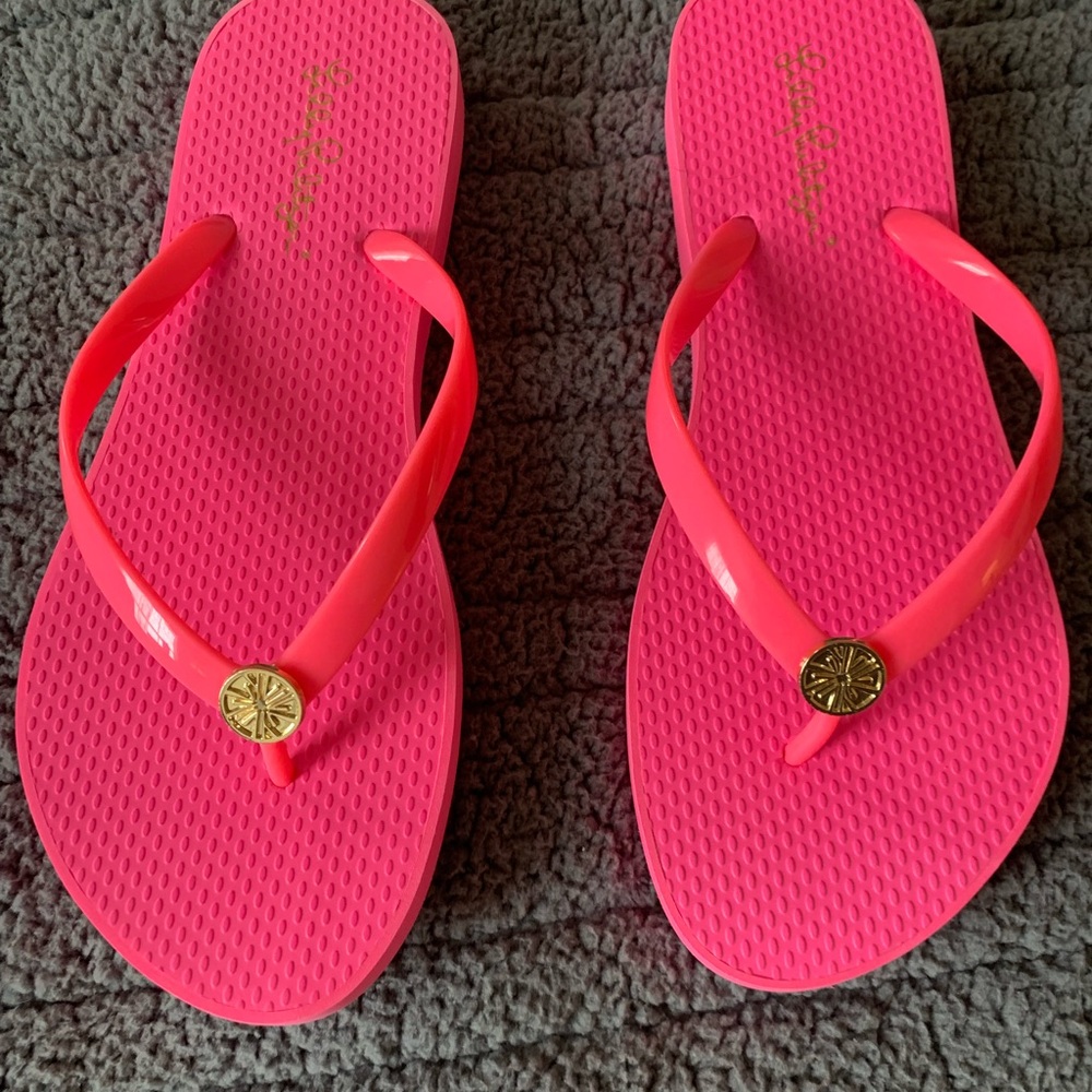 Lilly Pulitzer Hot Pink Flip Flops with Gold Accent